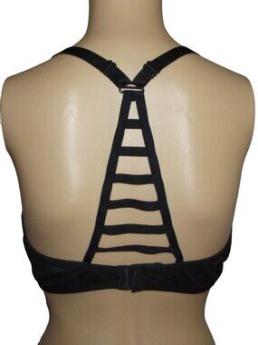 Victorias Secret PINK Bra 36D Black Mesh T-shirt Lightly Lined Strappy Racerback